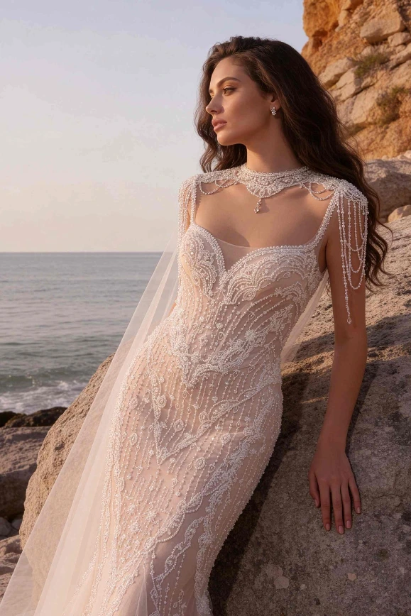 Mariée en robe de mariée en dentelle au bord de la mer