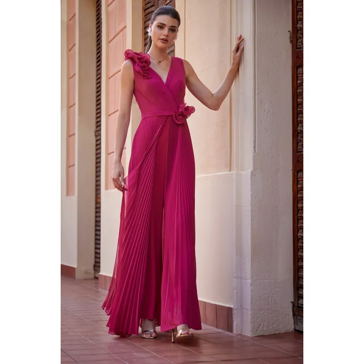 [CBI034] Combinaison pantalon plissée avec fleurs 3D - CBI034 (Cerise, FR 38 / US 8)