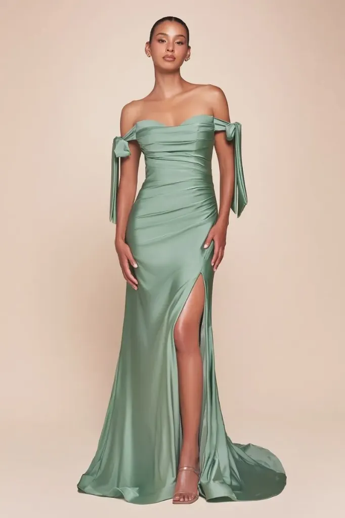 [CD943-SA-US0] Robe longue en satin extensible à épaules nouées (FR 30 / US 0, Sauge (Dark Sage))