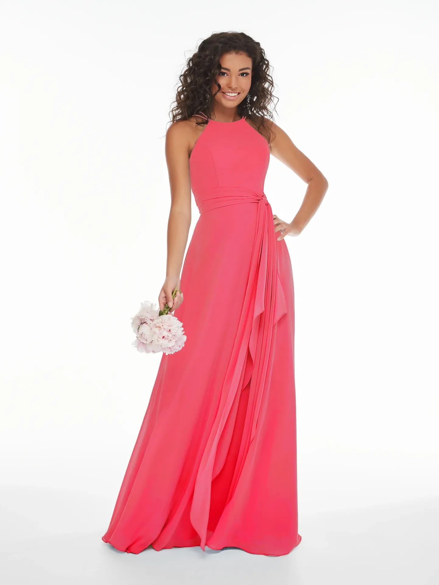 Robe longue en mousseline à col halter et ceinture nouée — 22026