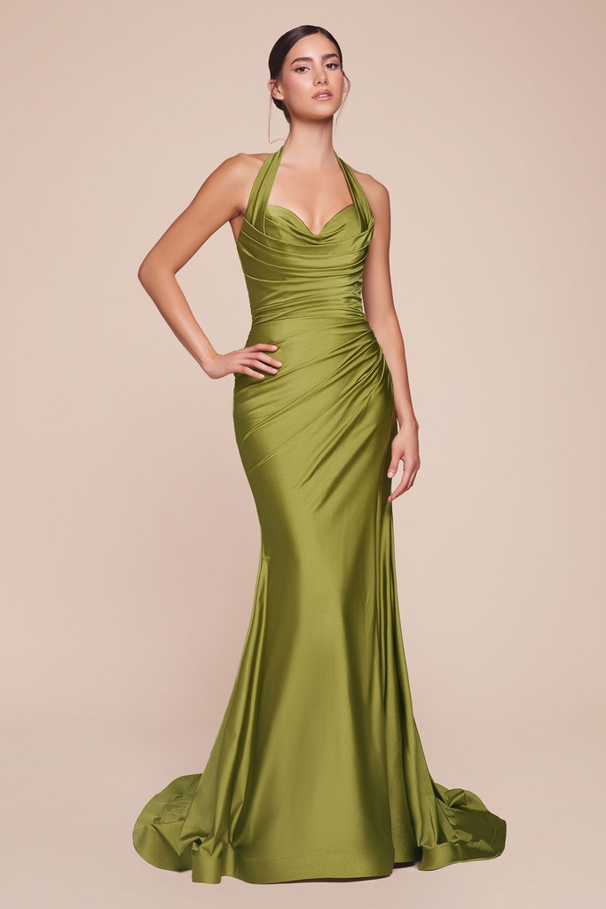 Robe longue satinée à encolure dos-nu - CD796 (Sauge (Dark Sage), FR 30 / US 0)