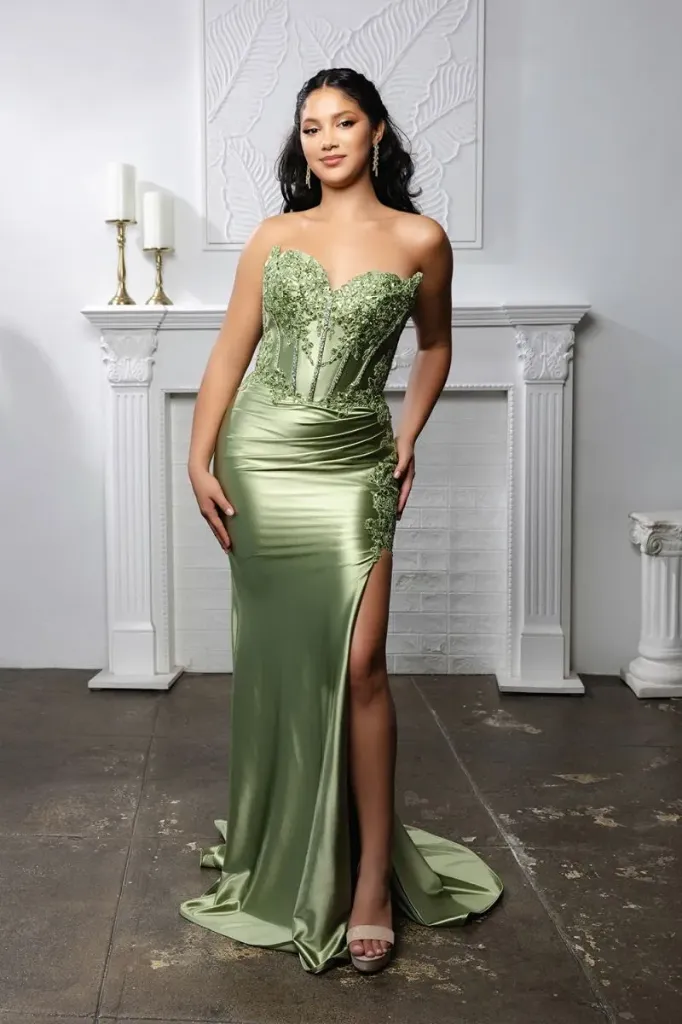Robe longue sirène dorée à corset brodé – MQ2207