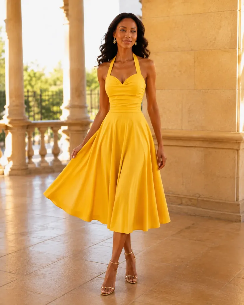 Robe midi satinée à décolleté cœur et poches — RO671S