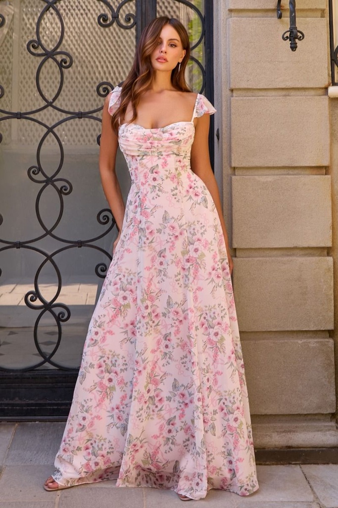 Robe longue fleurie en mousseline à décolleté cœur — T749