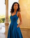 Robe midi satinée à décolleté cœur et poches — RO671S